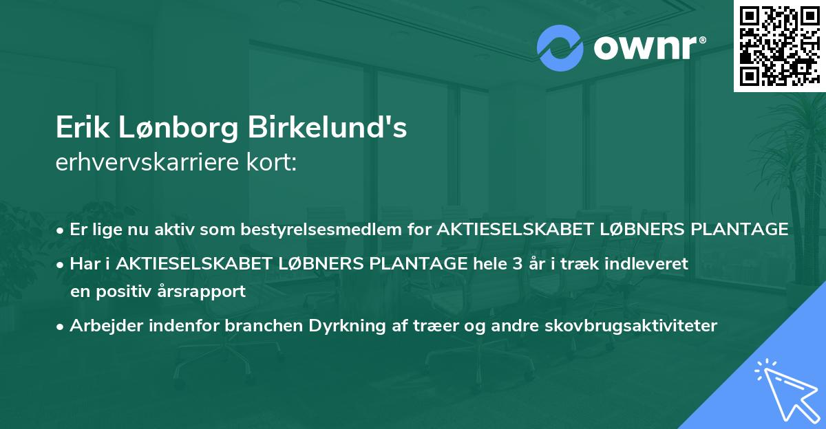 Erik Lønborg Birkelund's erhvervskarriere kort