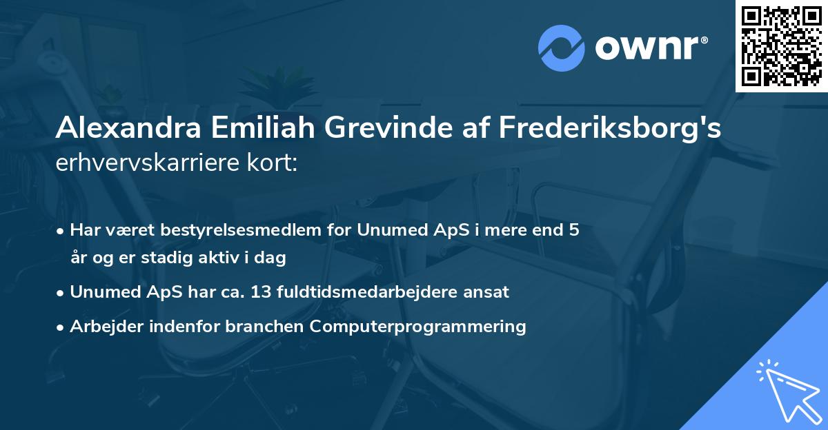 Alexandra Emiliah Grevinde af Frederiksborg's erhvervskarriere kort
