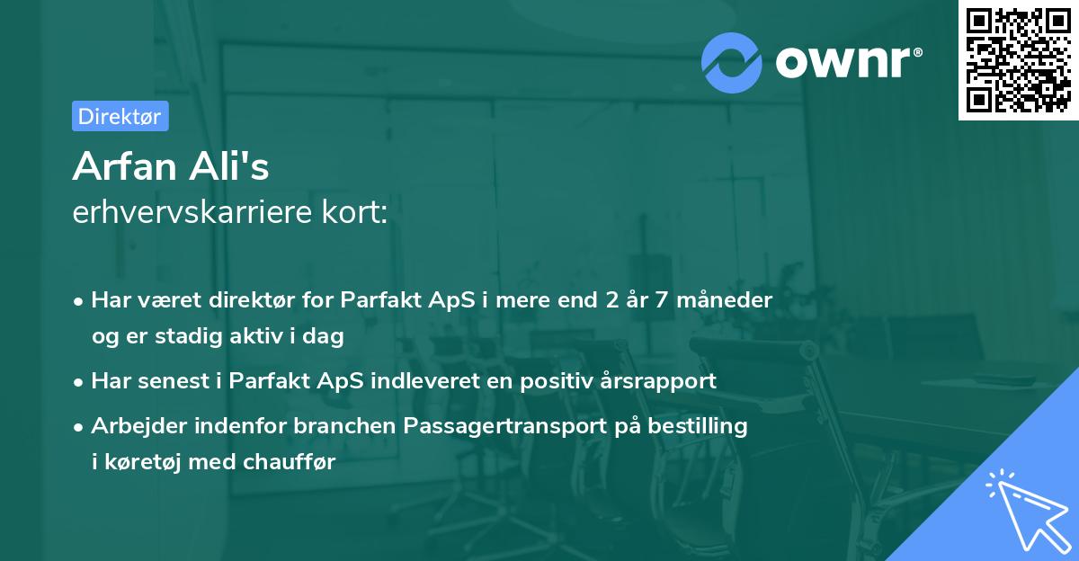 Arfan Ali's erhvervskarriere kort