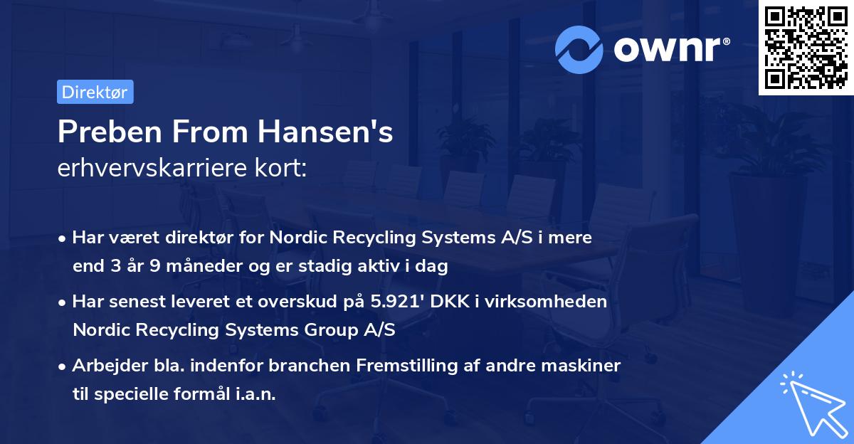 Preben From Hansen's erhvervskarriere kort