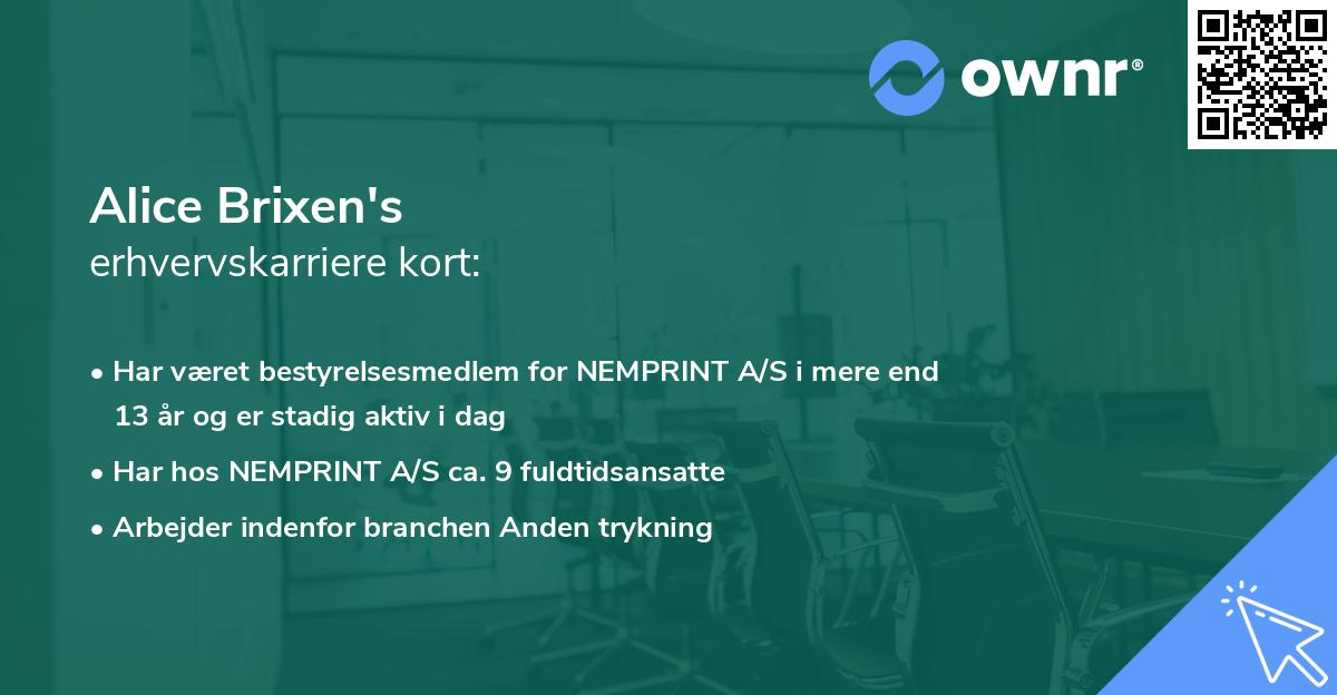 Alice Brixen's erhvervskarriere kort