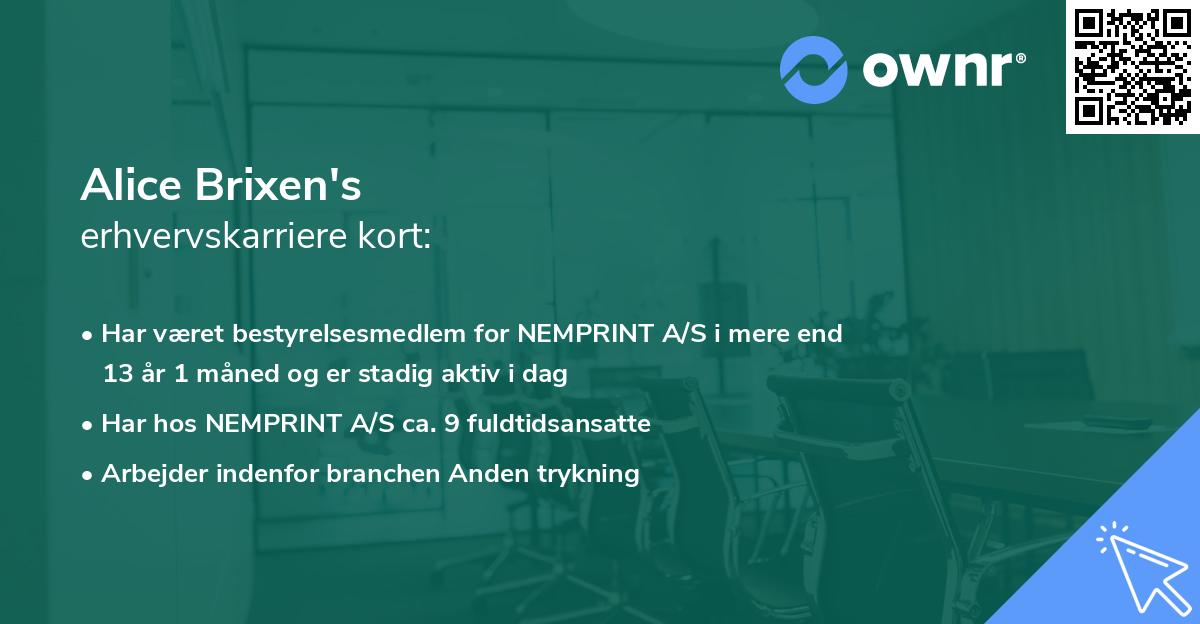 Alice Brixen's erhvervskarriere kort