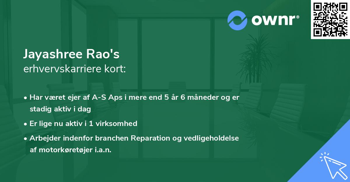 Jayashree Rao's erhvervskarriere kort