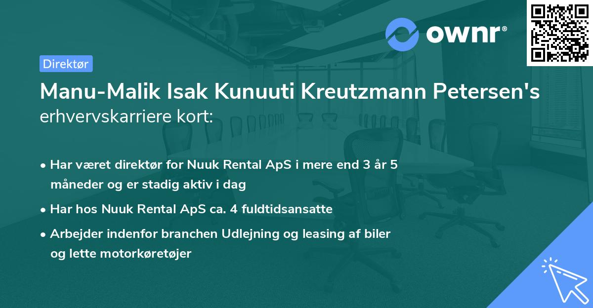 Manu-Malik Isak Kunuuti Kreutzmann Petersen's erhvervskarriere kort