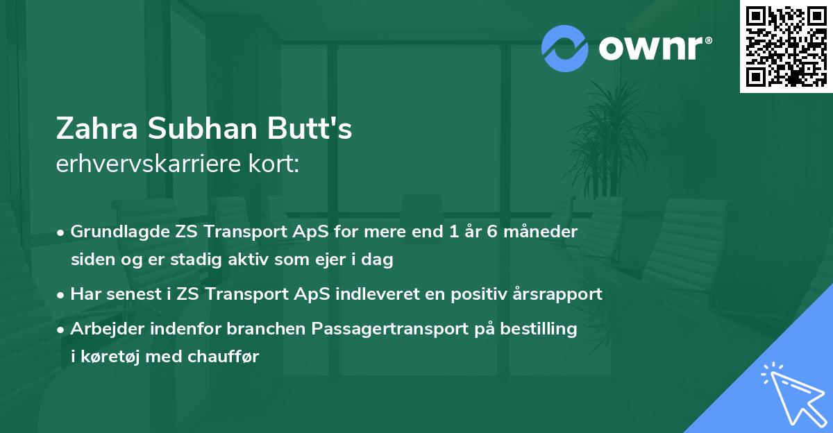 Zahra Subhan Butt's erhvervskarriere kort