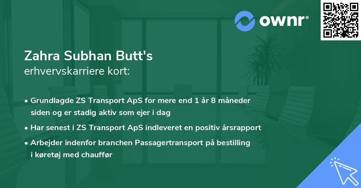 Zahra Subhan Butt's erhvervskarriere kort