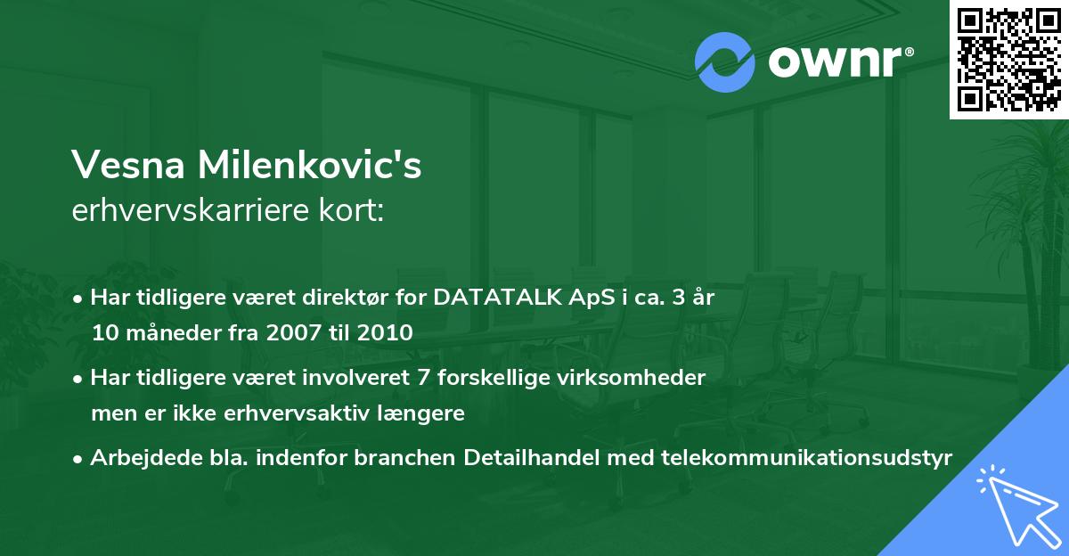 Vesna Milenkovic's erhvervskarriere kort