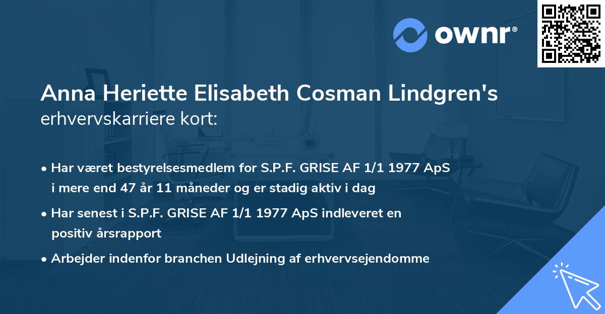 Anna Heriette Elisabeth Cosman Lindgren's erhvervskarriere kort