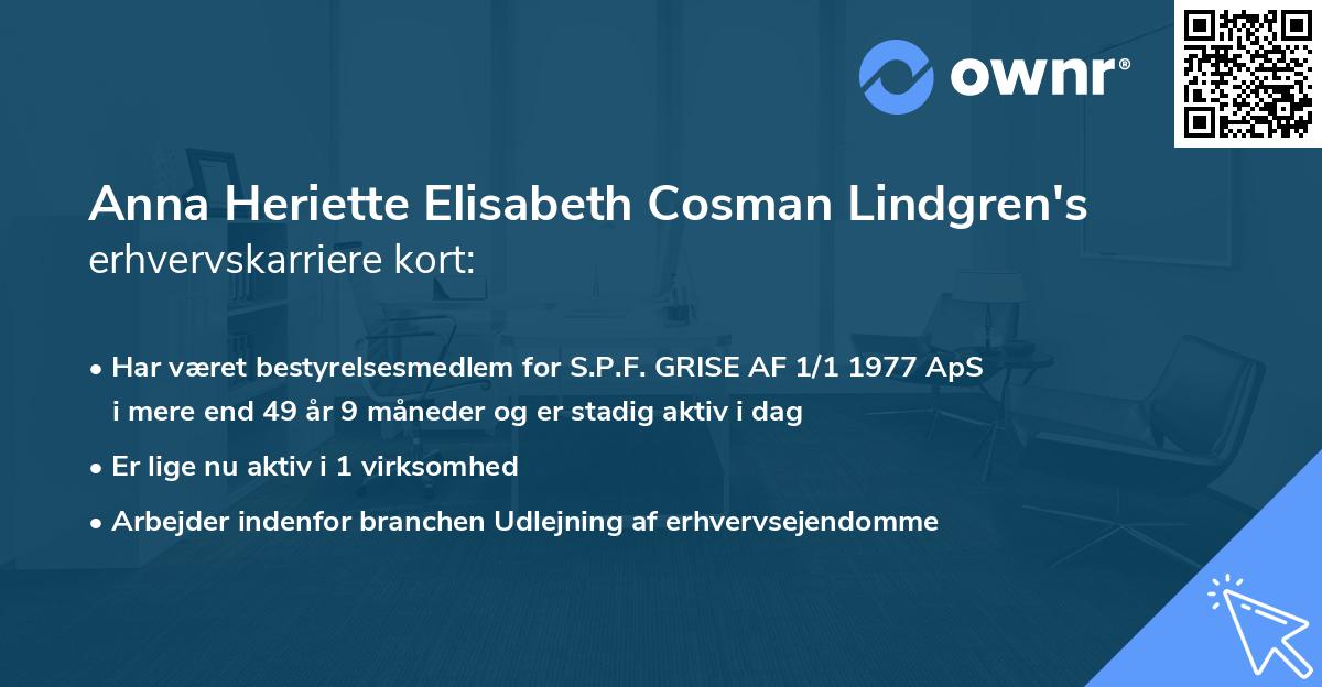 Anna Heriette Elisabeth Cosman Lindgren's erhvervskarriere kort