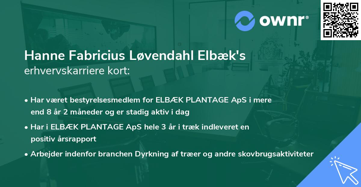 Hanne Fabricius Løvendahl Elbæk's erhvervskarriere kort