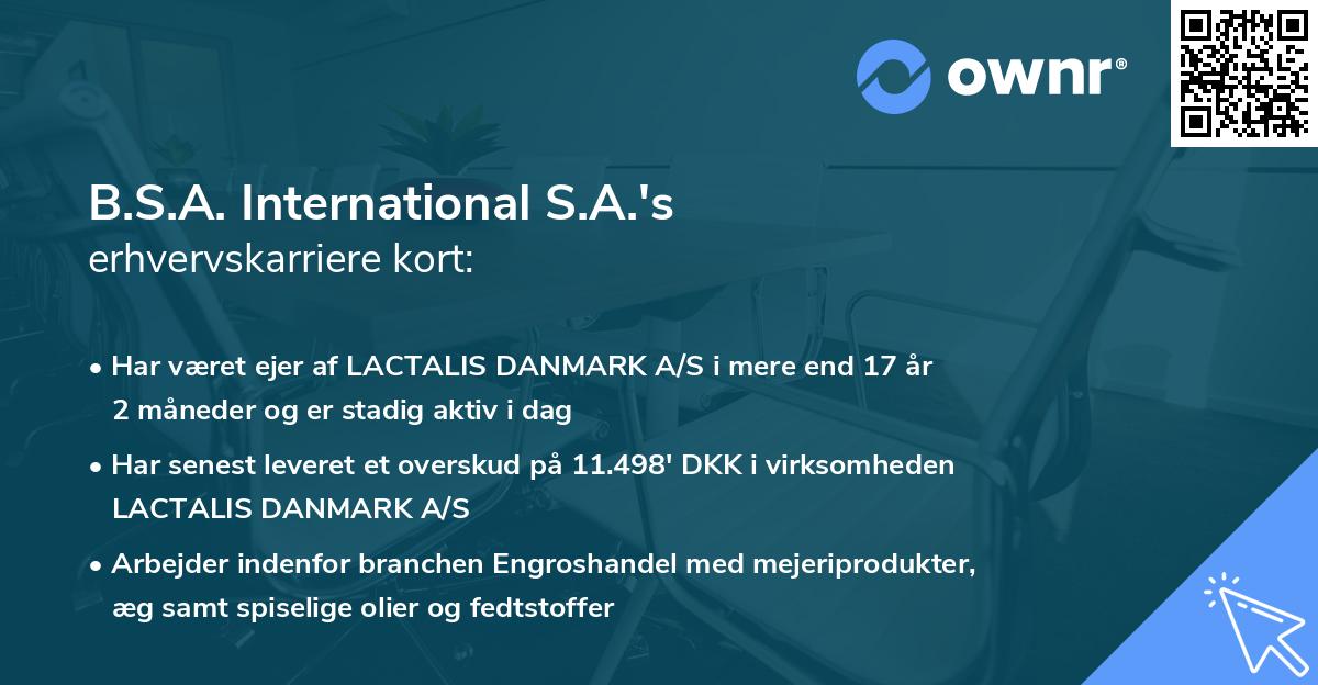 B.S.A. International S.A.'s erhvervskarriere kort