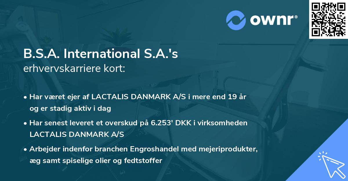 B.S.A. International S.A.'s erhvervskarriere kort
