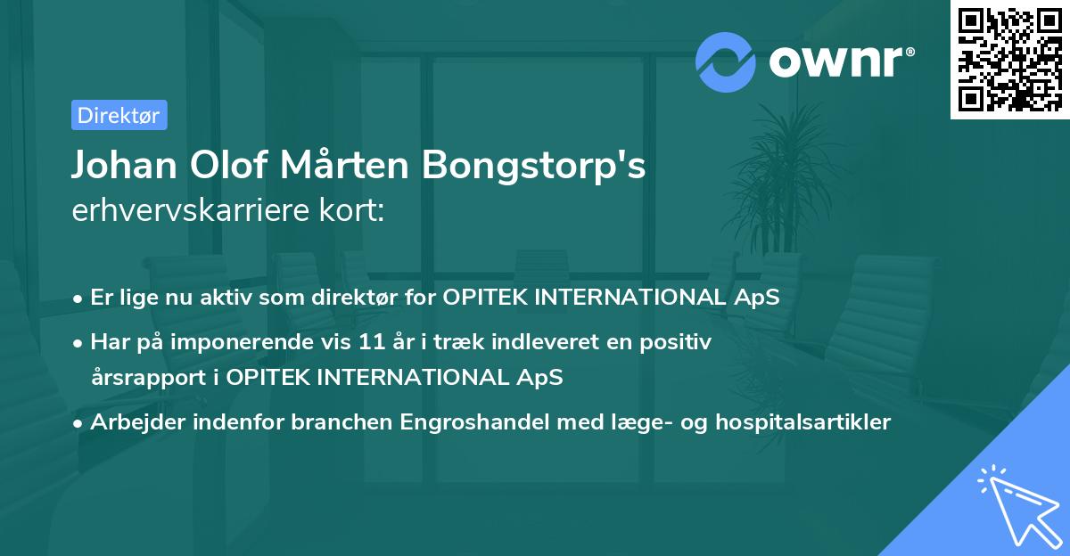 Johan Olof Mårten Bongstorp's erhvervskarriere kort