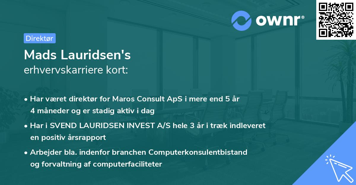 Mads Lauridsen's erhvervskarriere kort