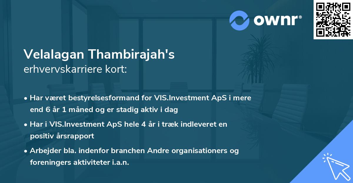 Velalagan Thambirajah's erhvervskarriere kort