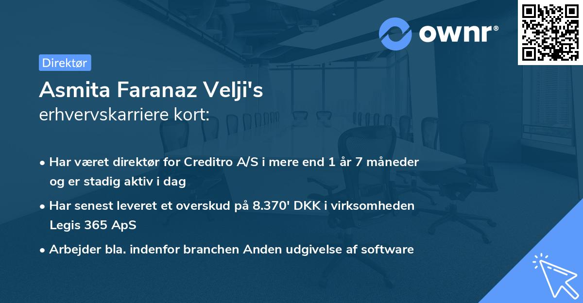 Asmita Faranaz Velji's erhvervskarriere kort