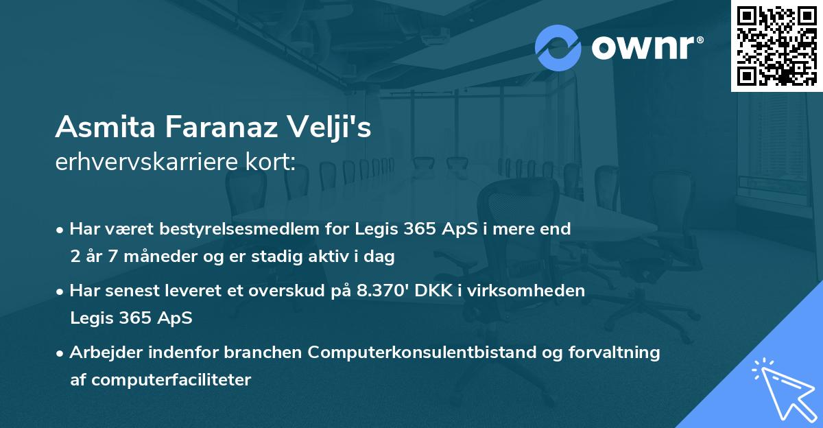 Asmita Faranaz Velji's erhvervskarriere kort