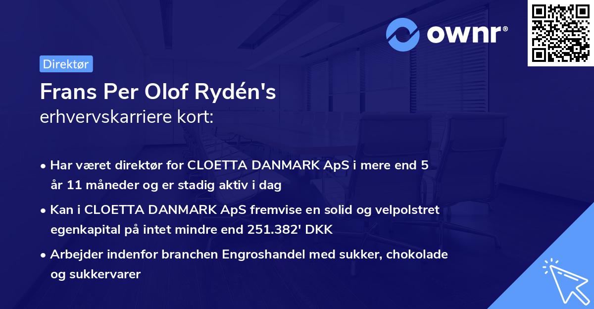 Frans Per Olof Rydén's erhvervskarriere kort