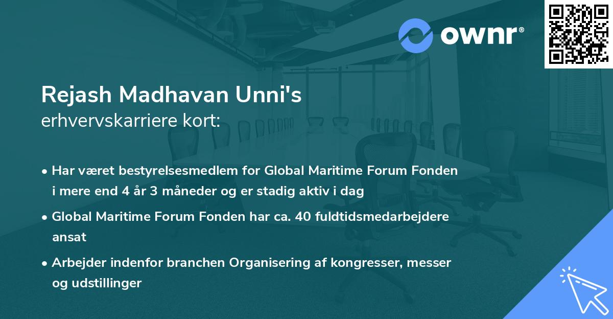 Rejash Madhavan Unni's erhvervskarriere kort