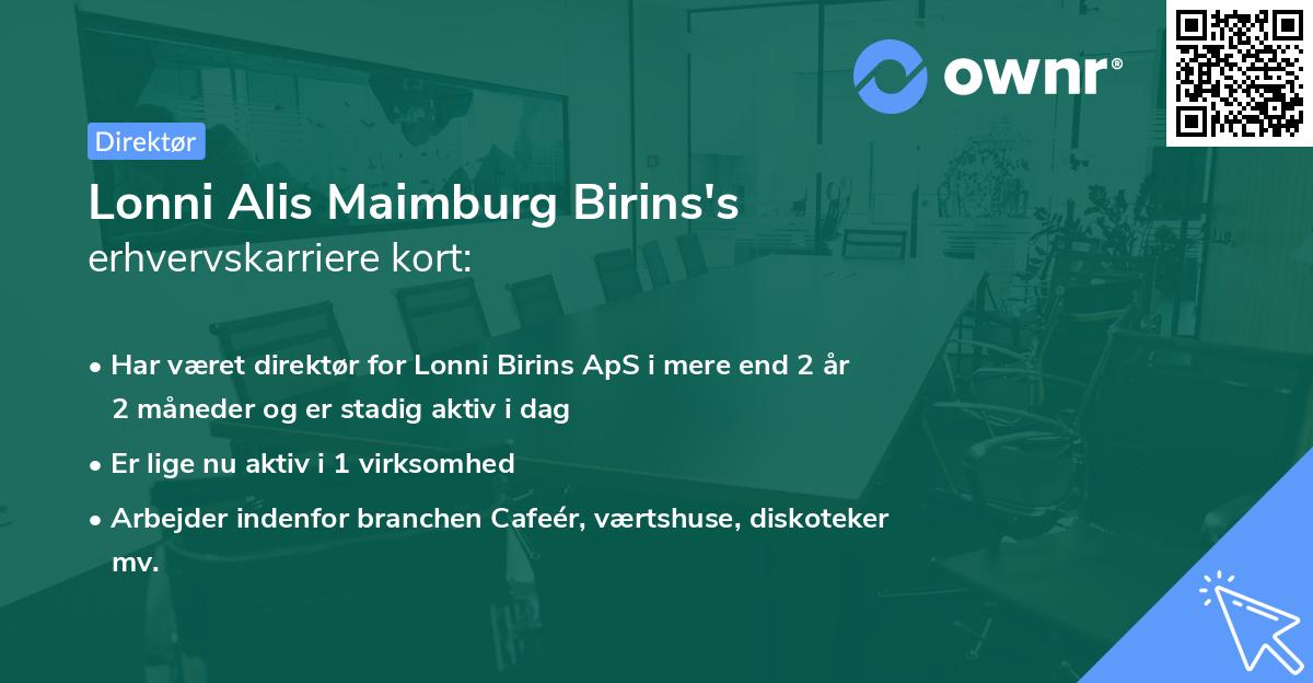 Lonni Alis Maimburg Birins's erhvervskarriere kort