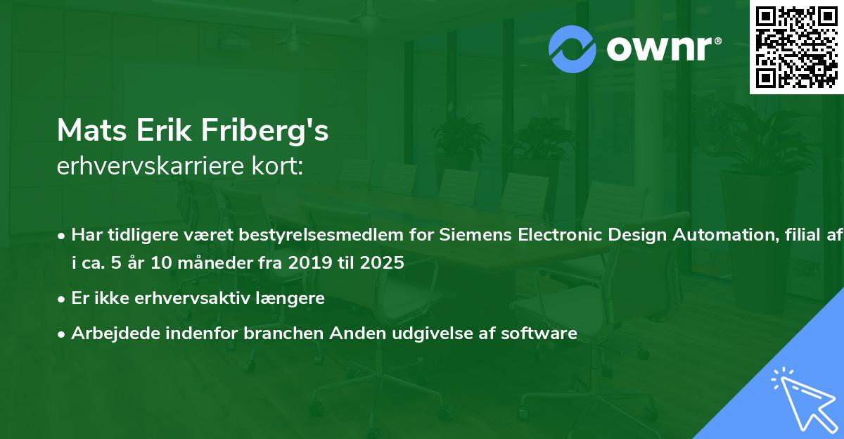Mats Erik Friberg's erhvervskarriere kort
