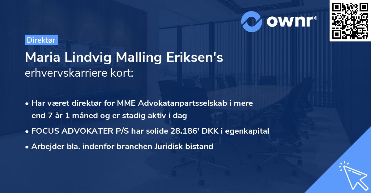 Maria Lindvig Malling Eriksen's erhvervskarriere kort