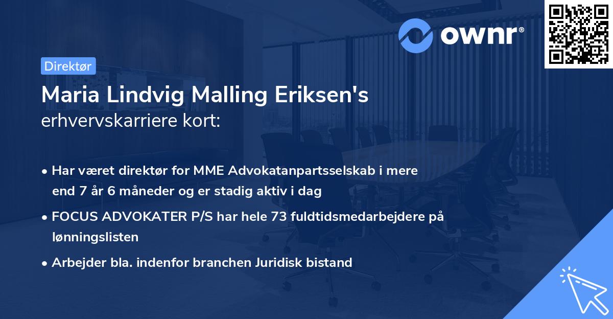 Maria Lindvig Malling Eriksen's erhvervskarriere kort