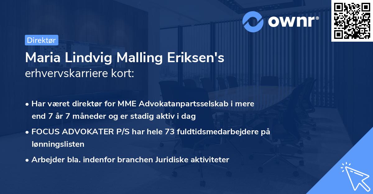 Maria Lindvig Malling Eriksen's erhvervskarriere kort