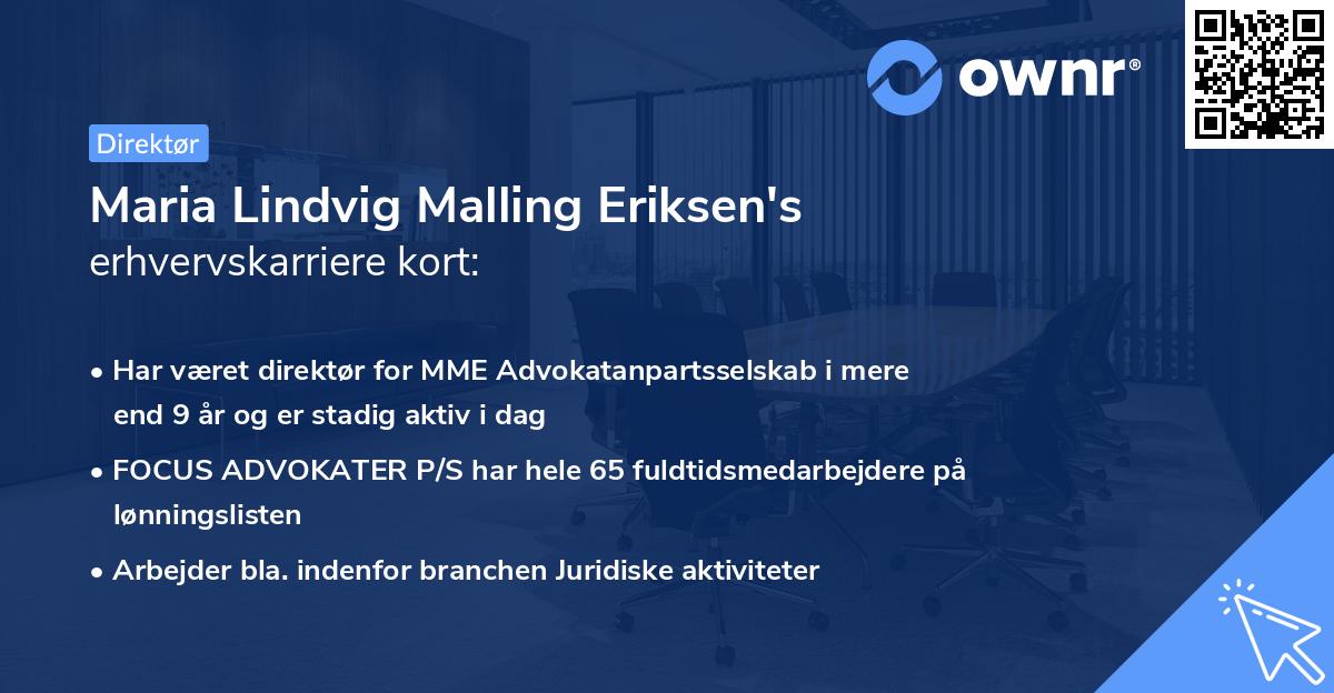 Maria Lindvig Malling Eriksen's erhvervskarriere kort