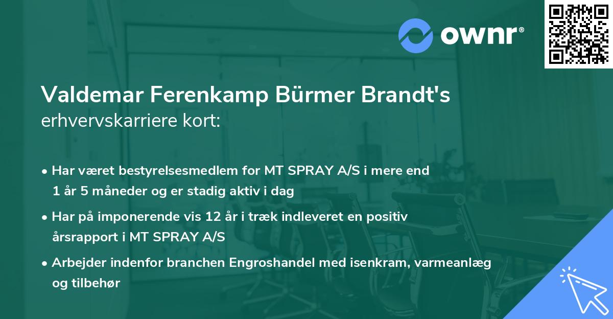 Valdemar Ferenkamp Bürmer Brandt's erhvervskarriere kort