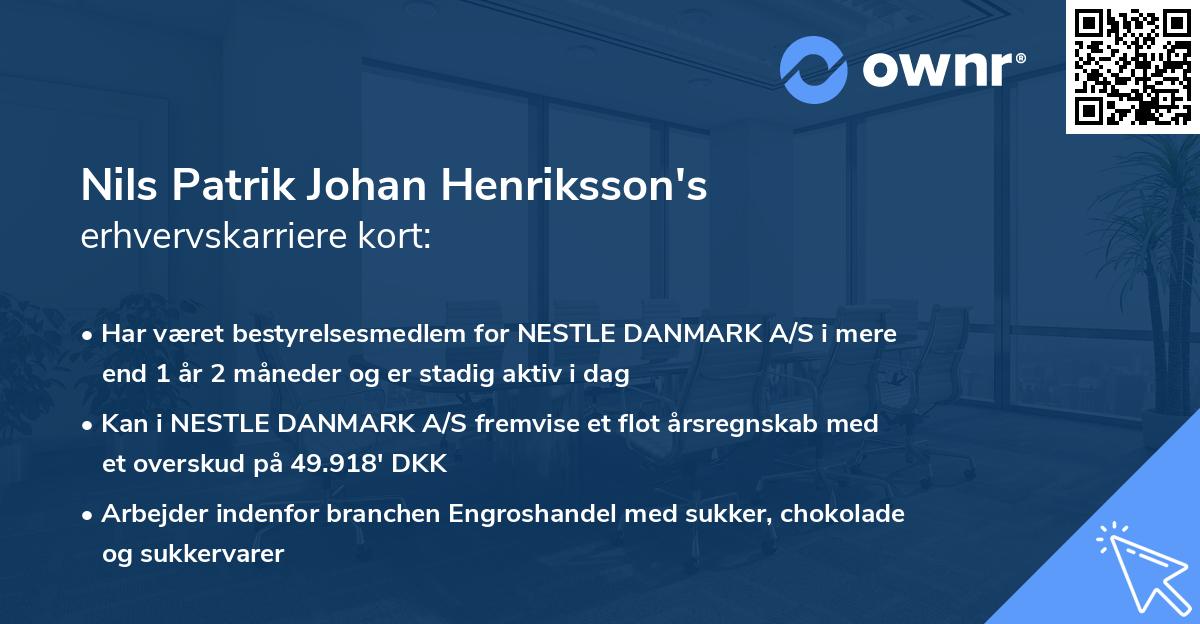 Nils Patrik Johan Henriksson's erhvervskarriere kort