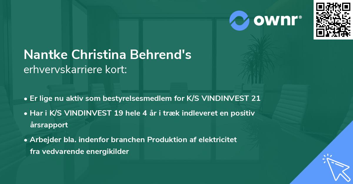 Nantke Christina Behrend's erhvervskarriere kort