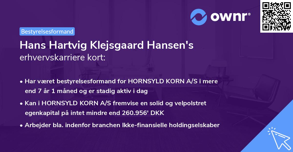 Hans Hartvig Klejsgaard Hansen's erhvervskarriere kort