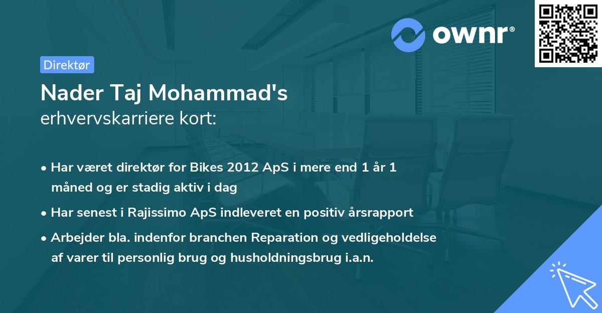 Nader Taj Mohammad's erhvervskarriere kort