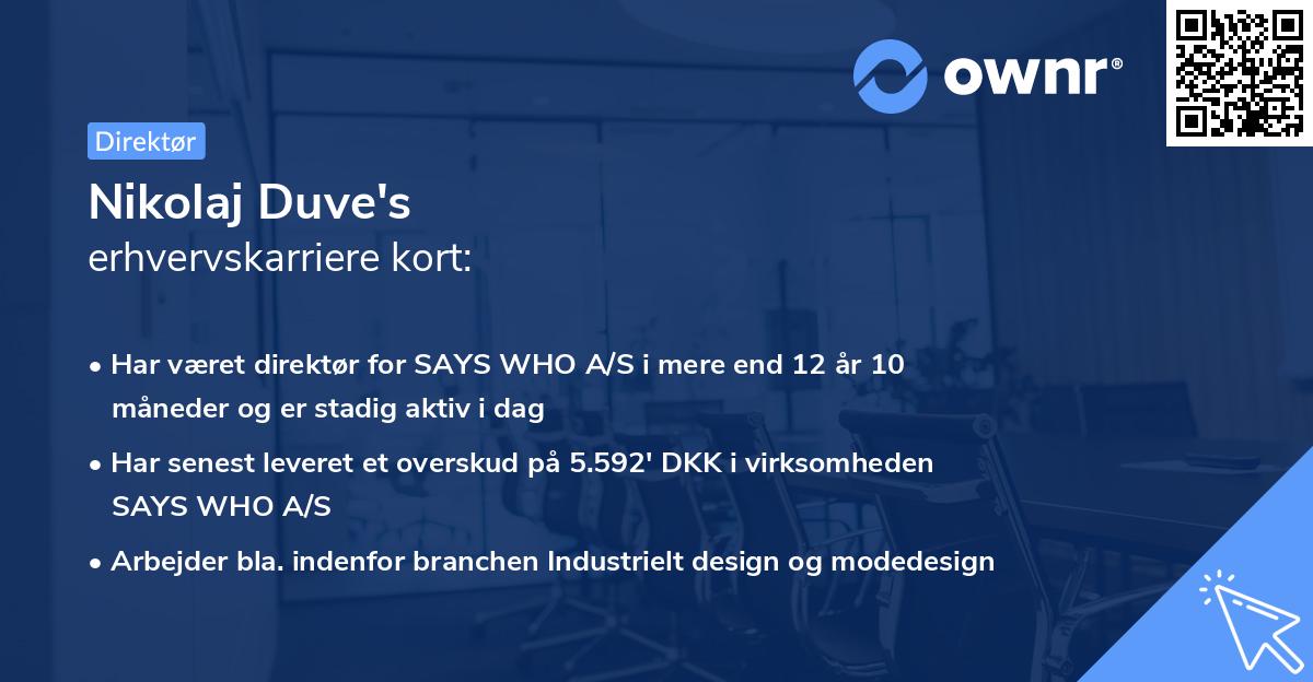 Nikolaj Duve's erhvervskarriere kort
