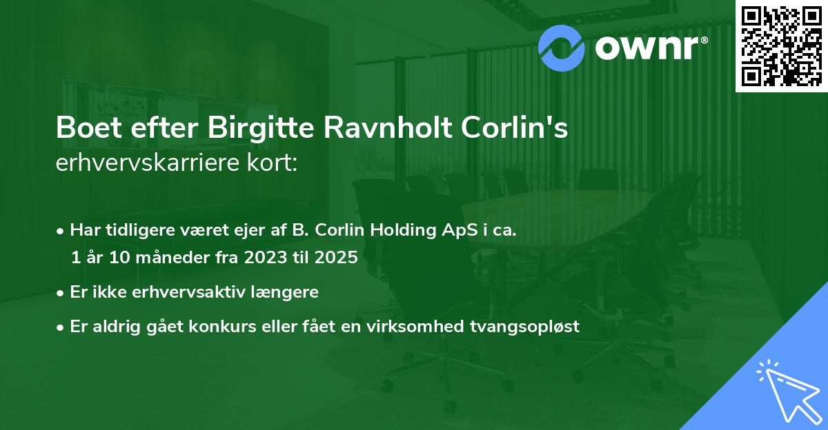 Boet efter Birgitte Ravnholt Corlin's erhvervskarriere kort