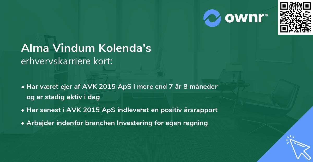 Alma Vindum Kolenda's erhvervskarriere kort