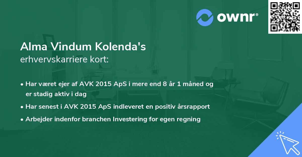 Alma Vindum Kolenda's erhvervskarriere kort