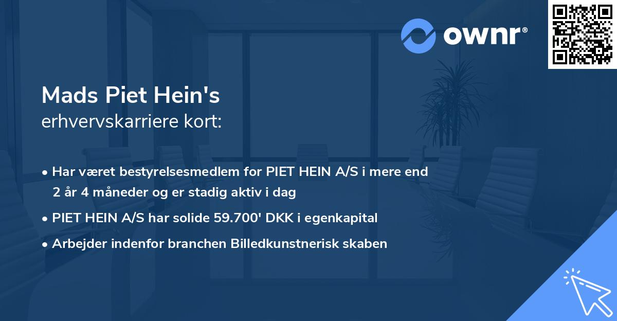 Mads Piet Hein's erhvervskarriere kort