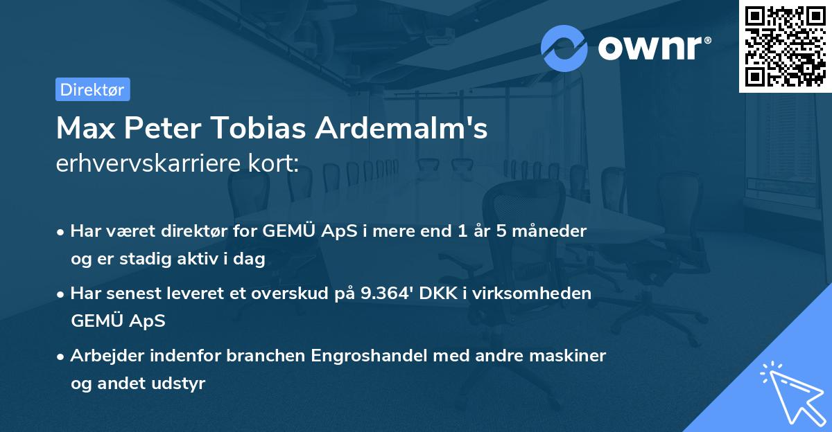 Max Peter Tobias Ardemalm's erhvervskarriere kort