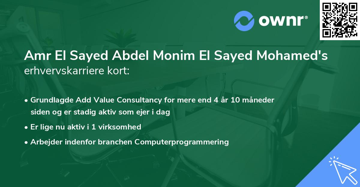 Amr El Sayed Abdel Monim El Sayed Mohamed's erhvervskarriere kort
