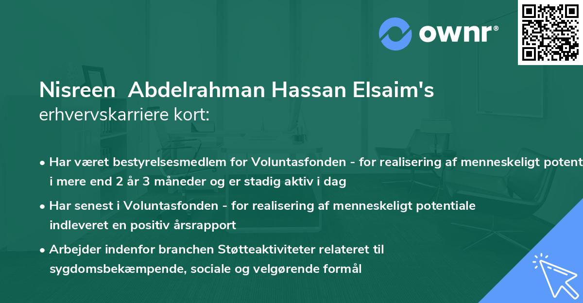 Nisreen Abdelrahman Hassan Elsaim's erhvervskarriere kort