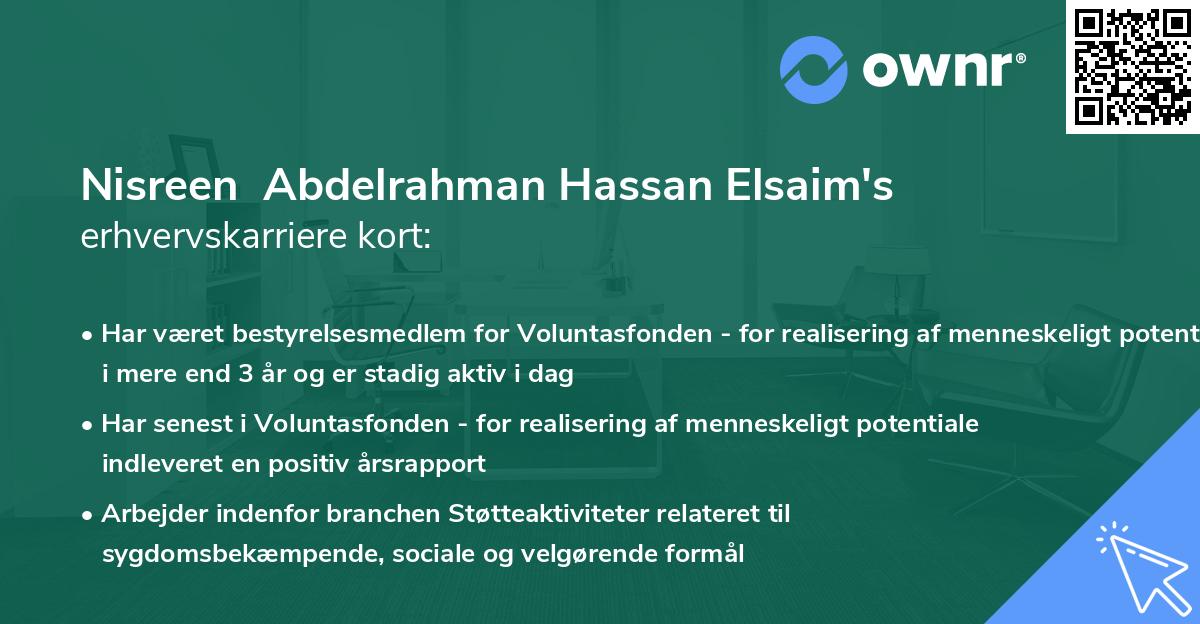 Nisreen  Abdelrahman Hassan Elsaim's erhvervskarriere kort