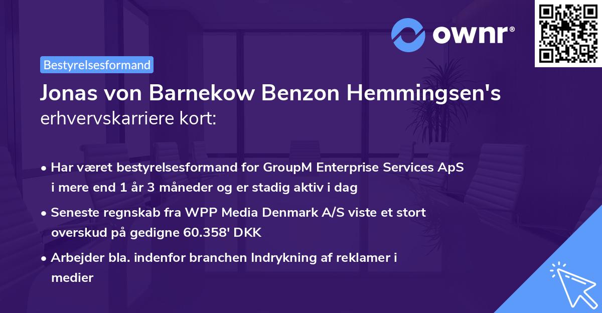 Jonas von Barnekow Benzon Hemmingsen's erhvervskarriere kort