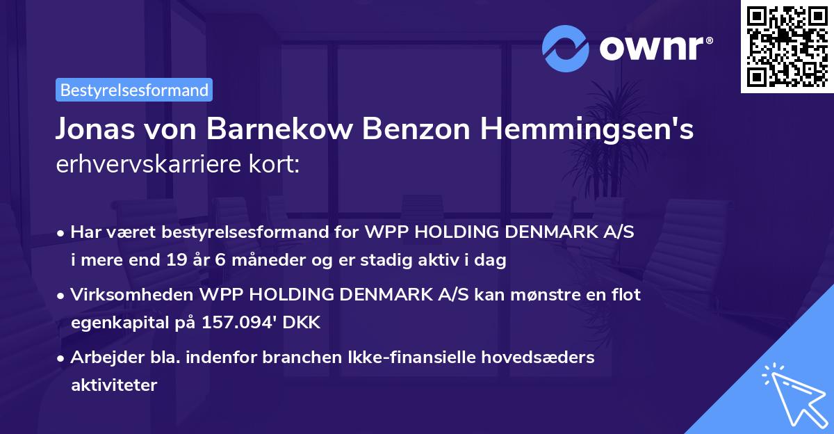 Jonas von Barnekow Benzon Hemmingsen's erhvervskarriere kort