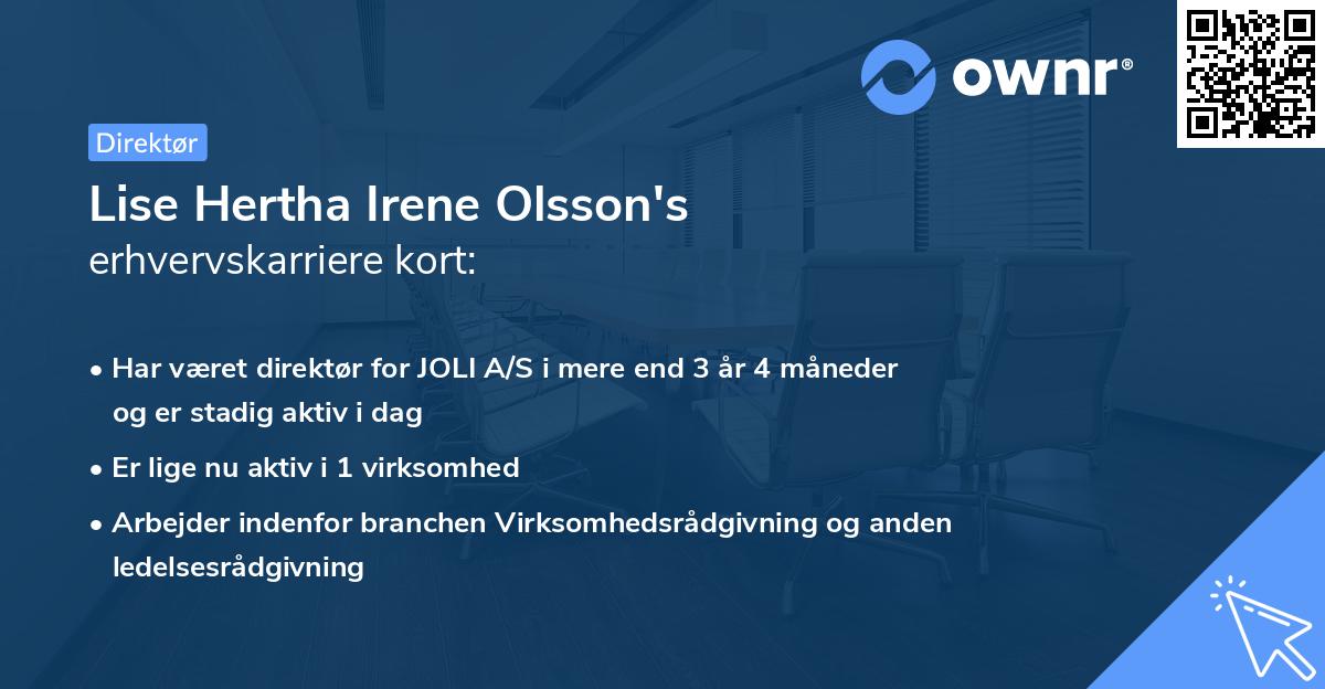 Lise Hertha Irene Olsson's erhvervskarriere kort
