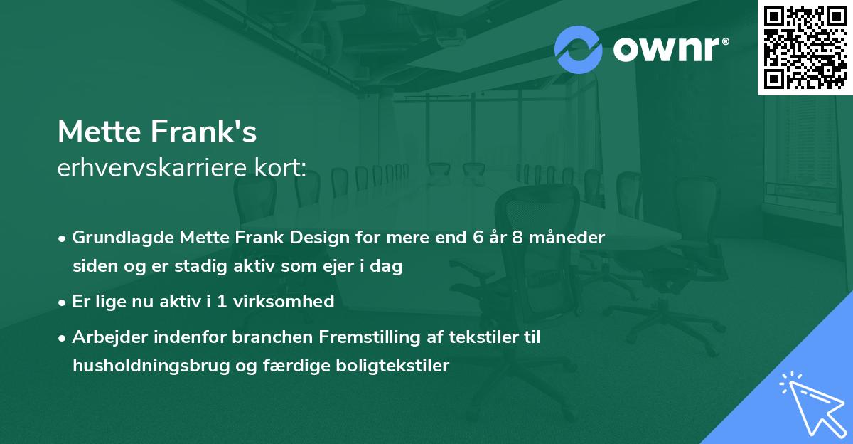 Mette Frank's erhvervskarriere kort