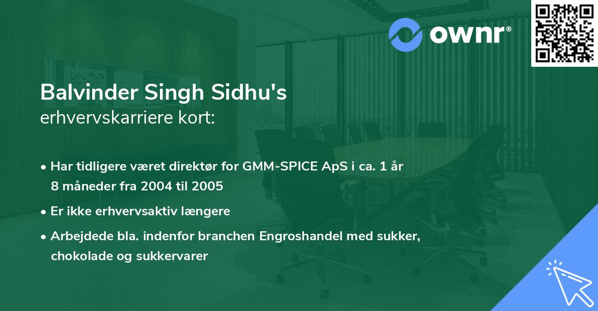 Balvinder Singh Sidhu's erhvervskarriere kort