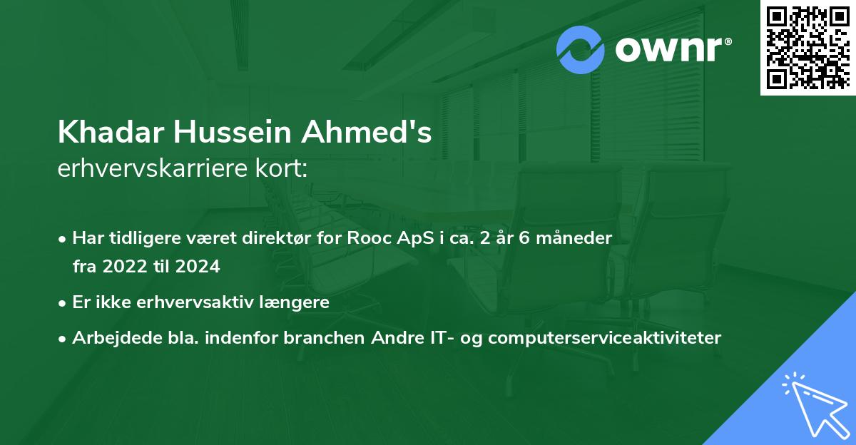 Khadar Hussein Ahmed's erhvervskarriere kort