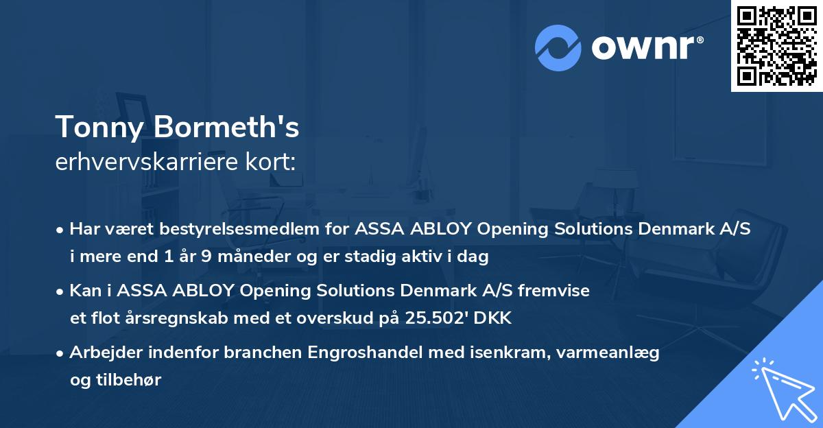 Tonny Bormeth's erhvervskarriere kort
